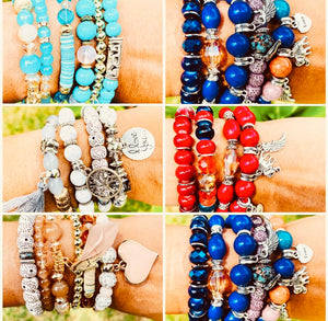 This five bracelet set features beautiful natural & earth tones colors accentuated with wooden beads & silver charms.  It's perfect for your favorite outfit!